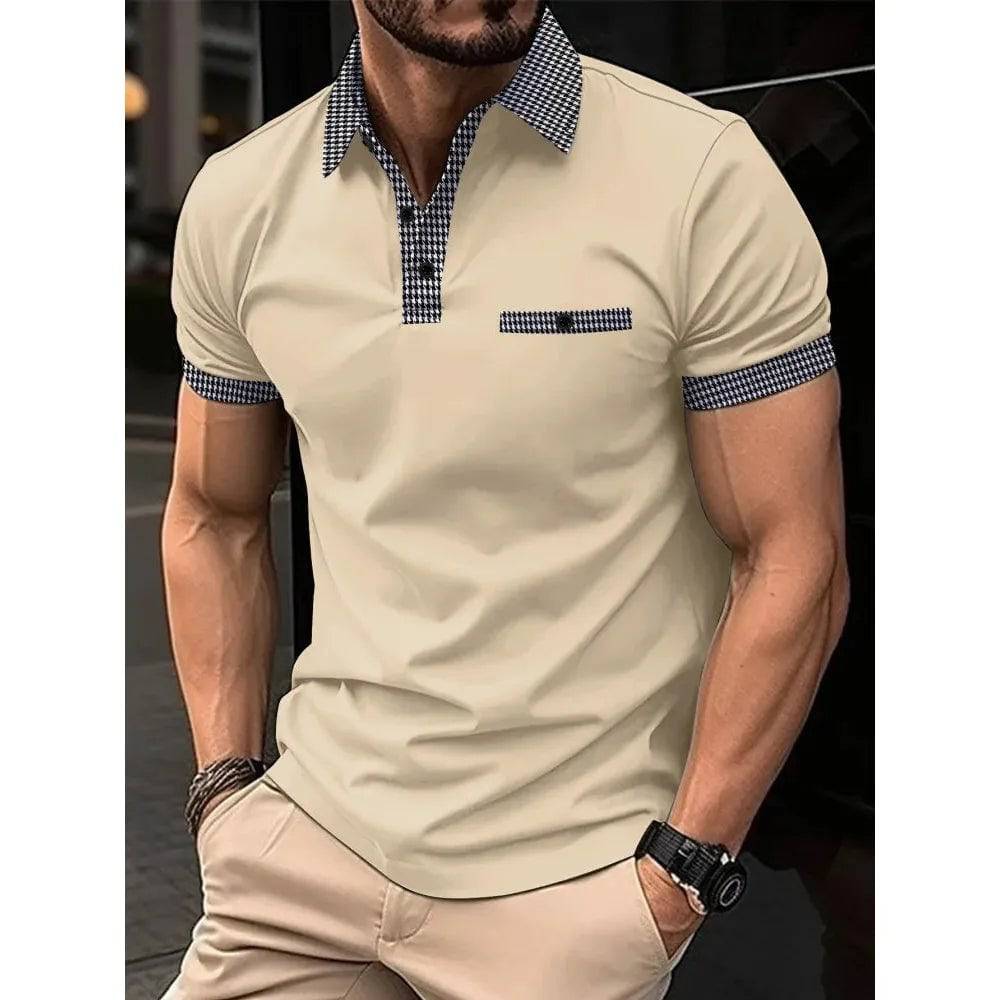 Men's Short Sleeve Polo Shirt Man Plaid Collar POLO Tee Male Casual Collar T-Shirt Clothing - Xmaker