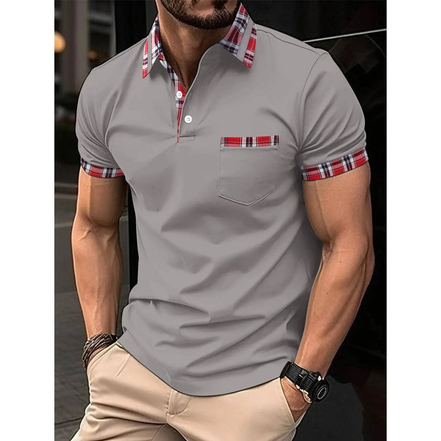 Men's Short Sleeve Polo Shirt Man Plaid Collar POLO Tee Male Casual Collar T-Shirt Clothing - Xmaker