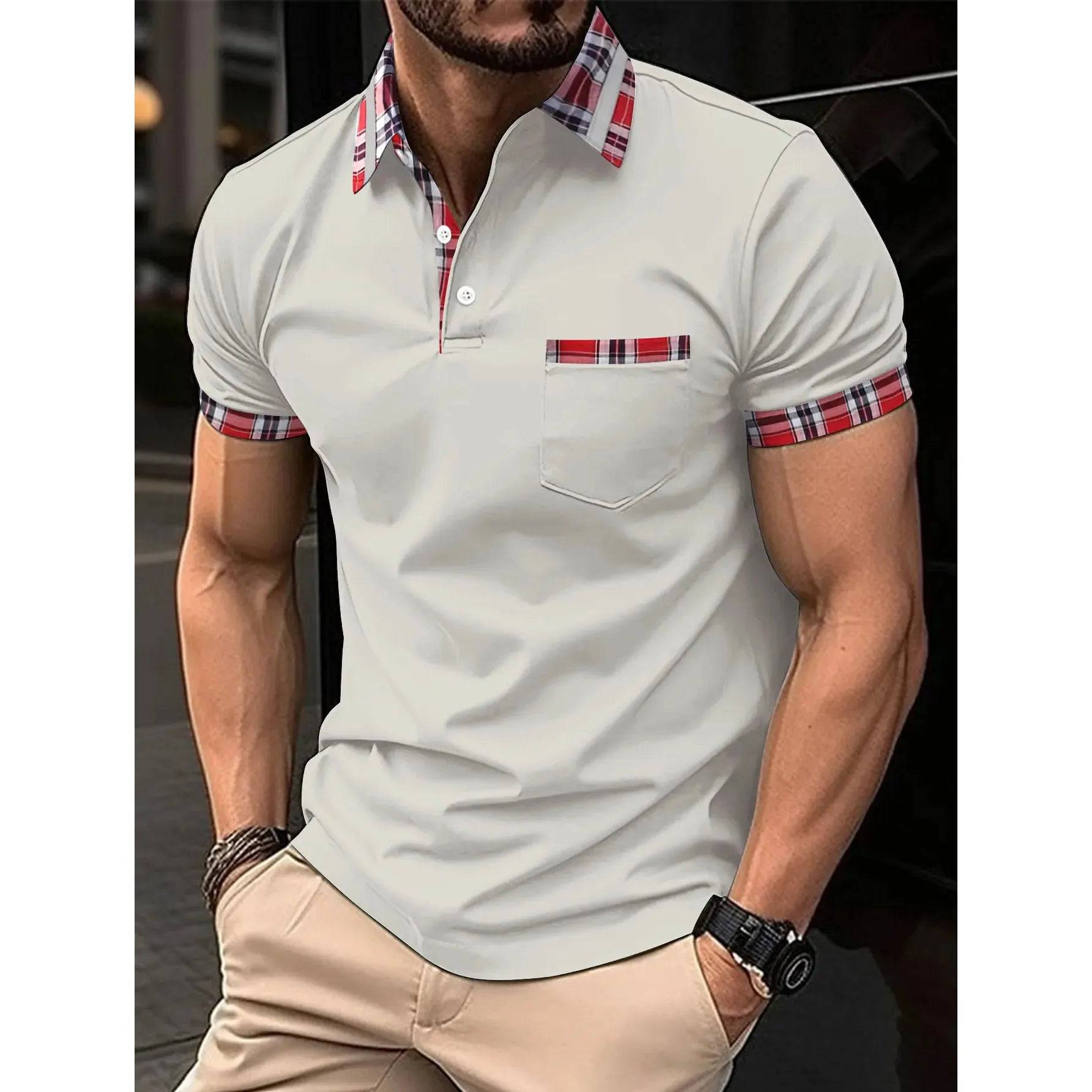 Men's Short Sleeve Polo Shirt Man Plaid Collar POLO Tee Male Casual Collar T-Shirt Clothing - Xmaker