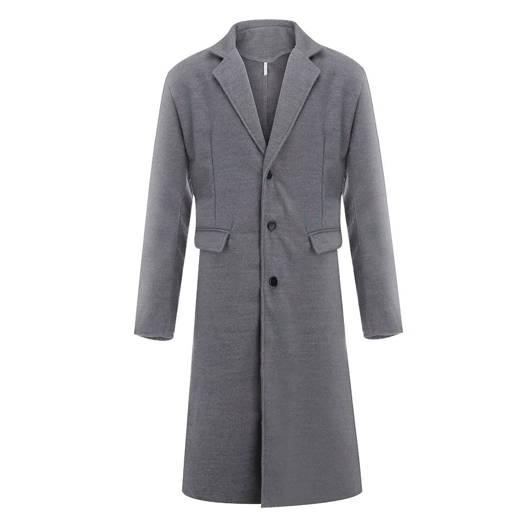 Men's Casual Single-breasted Long Sleeve Woolen Long Coat