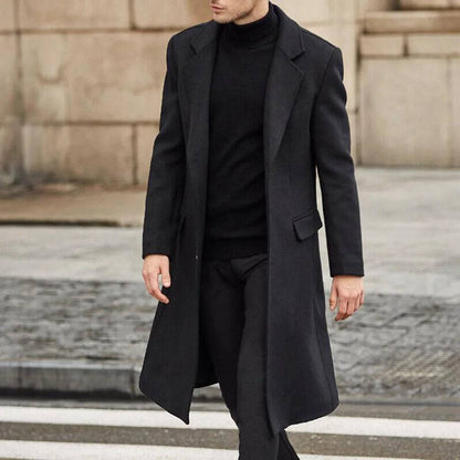 Men's Casual Single-breasted Long Sleeve Woolen Long Coat