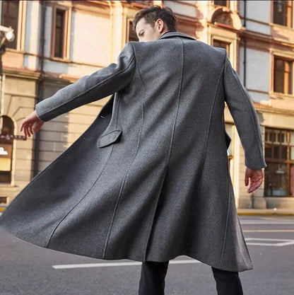 Men's Casual Single-breasted Long Sleeve Woolen Long Coat