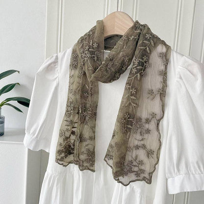 Lace Embroidered Small Floral Long Silk Scarf For Women - Xmaker