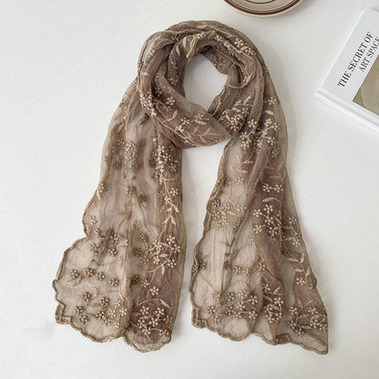 Lace Embroidered Small Floral Long Silk Scarf For Women - Xmaker