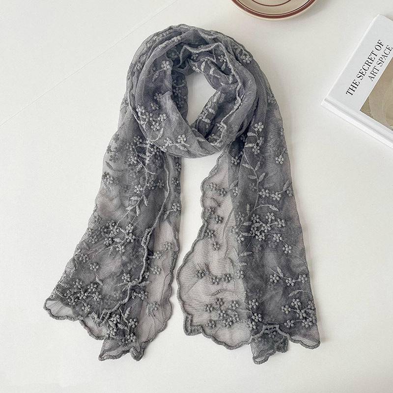 Lace Embroidered Small Floral Long Silk Scarf For Women - Xmaker
