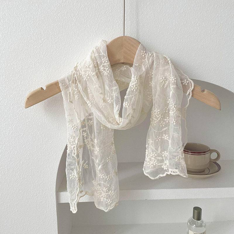 Lace Embroidered Small Floral Long Silk Scarf For Women - Xmaker