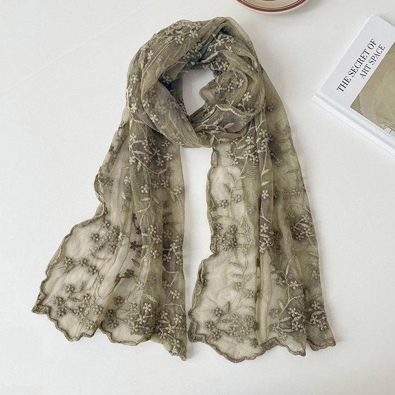 Lace Embroidered Small Floral Long Silk Scarf For Women - Xmaker