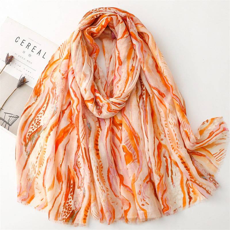 Cotton And Linen Feel Scarf Bronzing Flowing Landscape Scarf - Xmaker