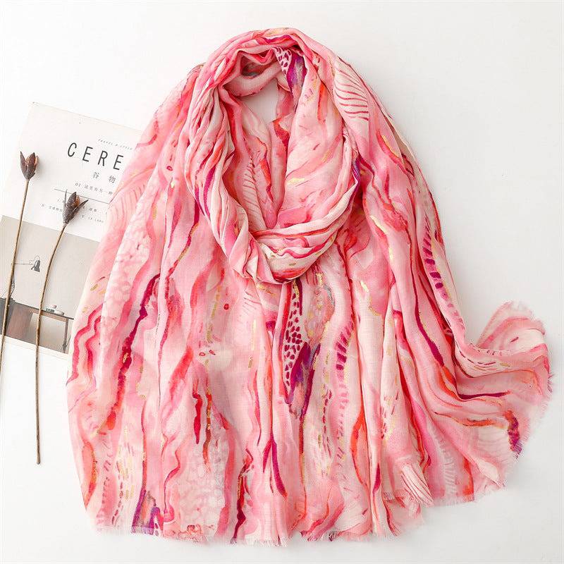 Cotton And Linen Feel Scarf Bronzing Flowing Landscape Scarf - Xmaker