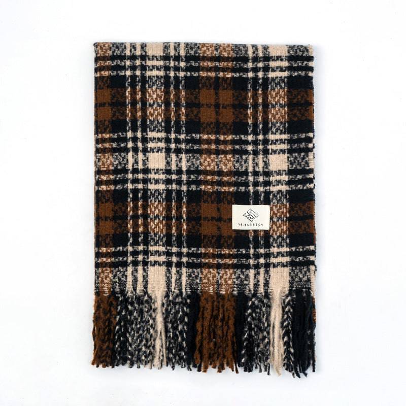 Plaid Knitted Scarf Winter Maillard Color Tassel Scarf - Xmaker