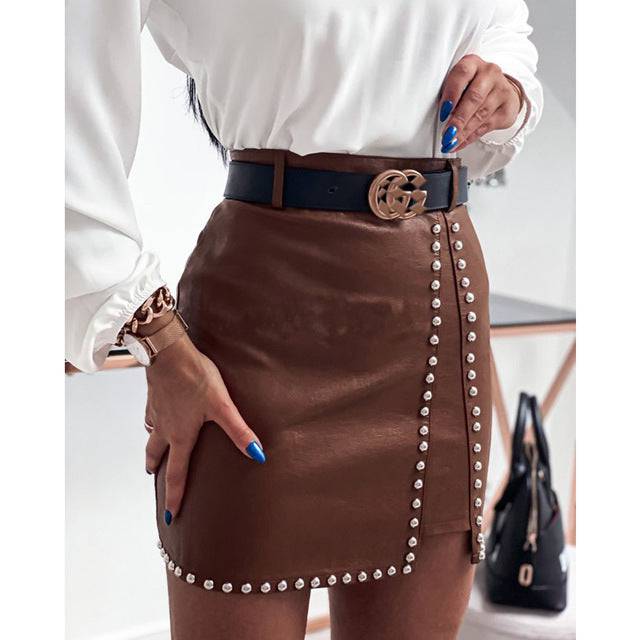 Elegant Rivets PU Leather Skirts Women - Xmaker