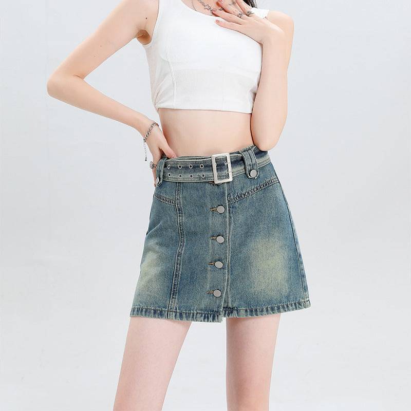 Belt Design Sense Denim Skirt - Xmaker