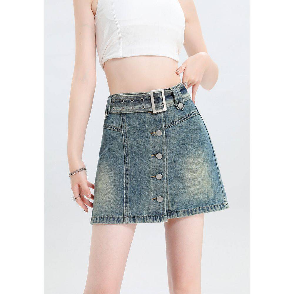 Belt Design Sense Denim Skirt - Xmaker