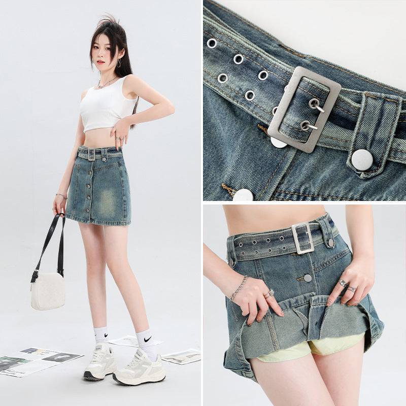 Belt Design Sense Denim Skirt - Xmaker