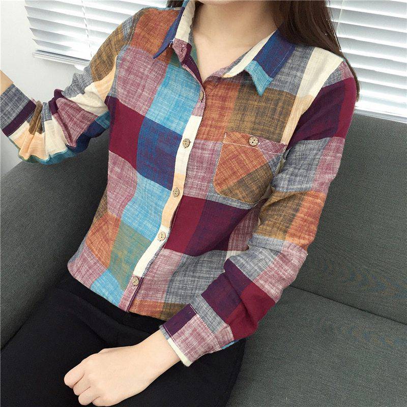 Women Blouses Vintage Linen Cotton Long Sleeve - Xmaker