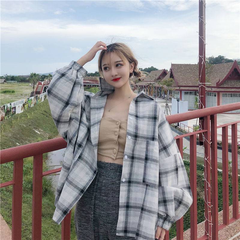 Women Blouses Shirts Plaid Oversize Thin Casual Sun-protect - Xmaker