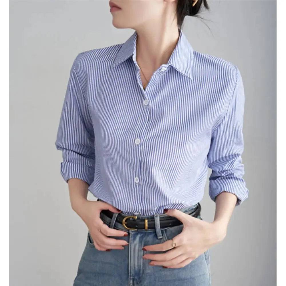 Blue Striped Shirt For Women Loose  Long Sleeves Shirt - Xmaker