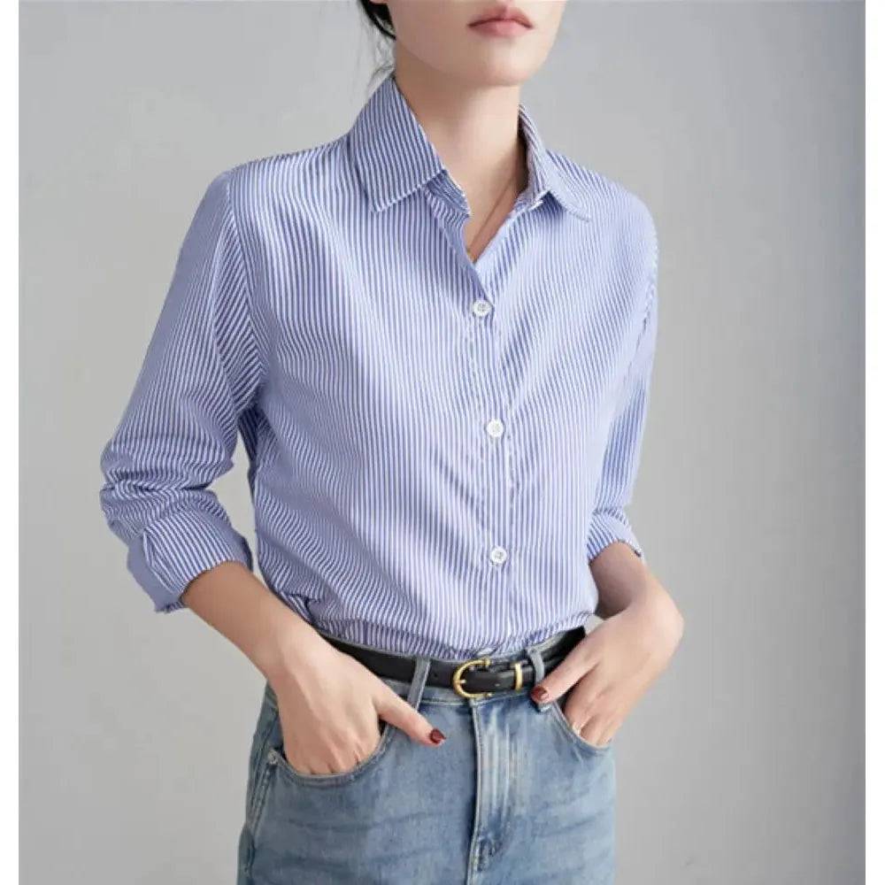 Blue Striped Shirt For Women Loose  Long Sleeves Shirt - Xmaker