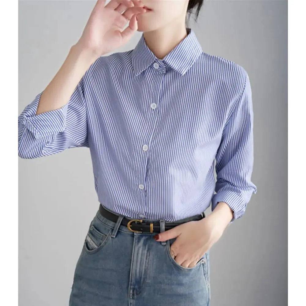 Blue Striped Shirt For Women Loose  Long Sleeves Shirt - Xmaker