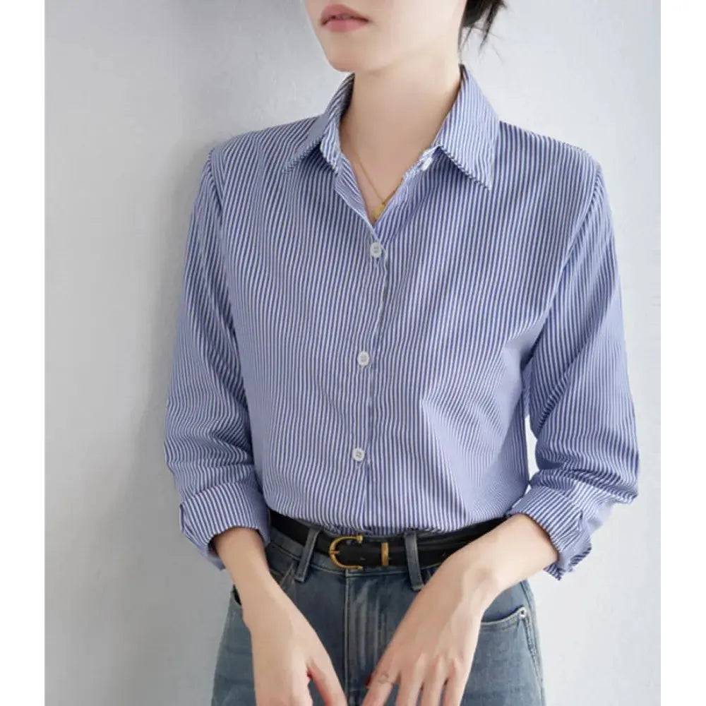 Blue Striped Shirt For Women Loose  Long Sleeves Shirt - Xmaker