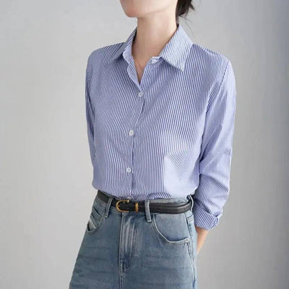 Blue Striped Shirt For Women Loose  Long Sleeves Shirt - Xmaker