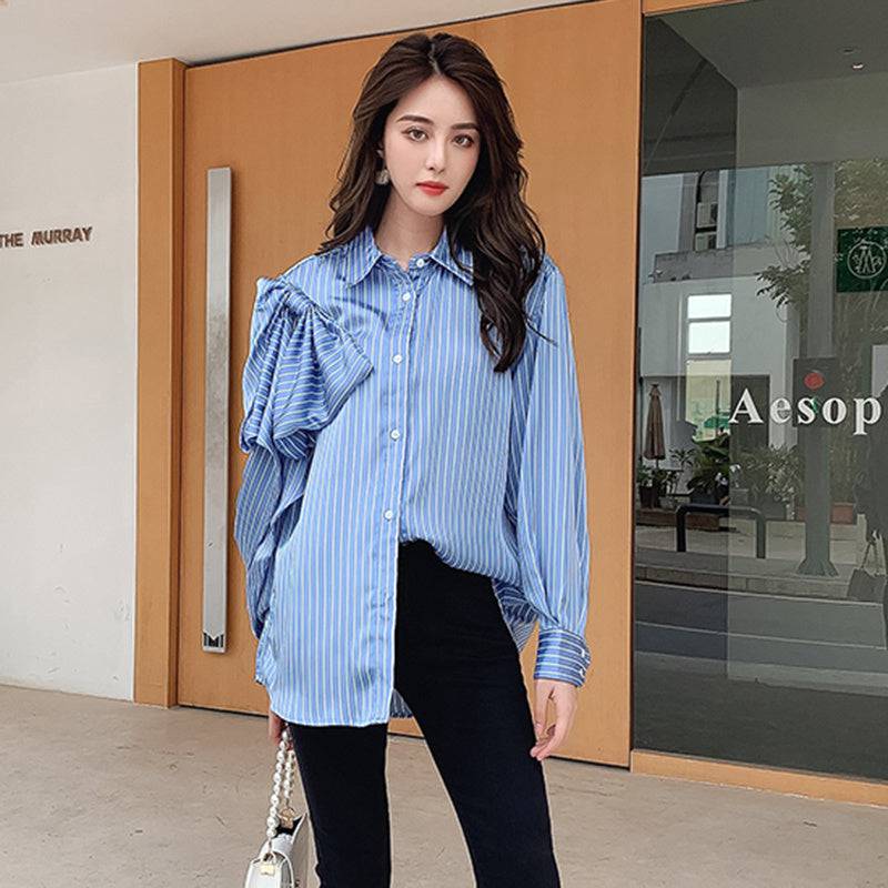 Casual Blue Striped Shirts For Women Lapel Long Sleeve Bowknot Patchwork Blouses - Xmaker