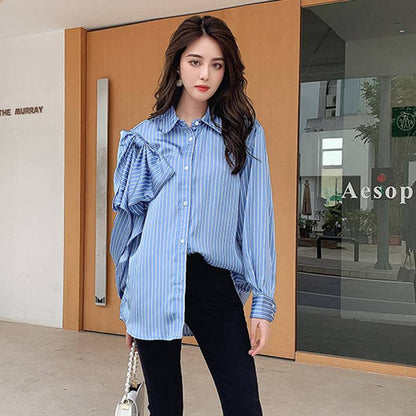 Casual Blue Striped Shirts For Women Lapel Long Sleeve Bowknot Patchwork Blouses - Xmaker