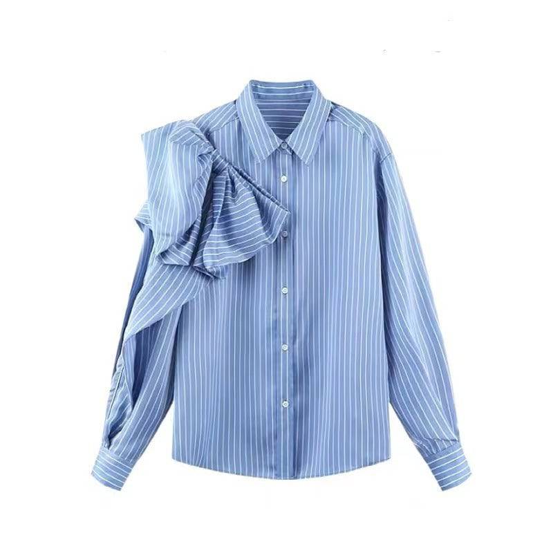 Casual Blue Striped Shirts For Women Lapel Long Sleeve Bowknot Patchwork Blouses - Xmaker