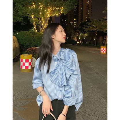 Casual Blue Striped Shirts For Women Lapel Long Sleeve Bowknot Patchwork Blouses - Xmaker