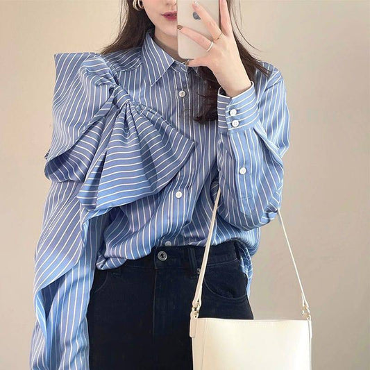 Casual Blue Striped Shirts For Women Lapel Long Sleeve Bowknot Patchwork Blouses - Xmaker