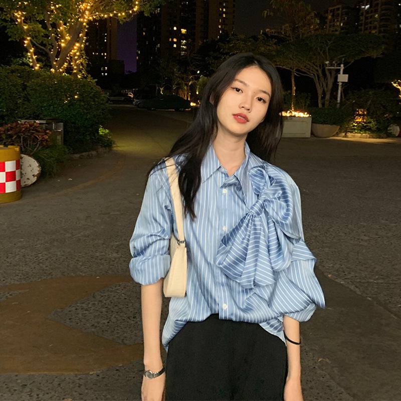 Casual Blue Striped Shirts For Women Lapel Long Sleeve Bowknot Patchwork Blouses - Xmaker