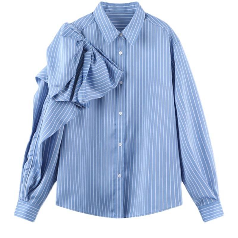 Casual Blue Striped Shirts For Women Lapel Long Sleeve Bowknot Patchwork Blouses - Xmaker