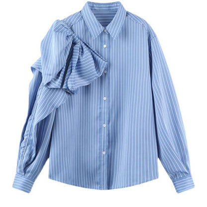 Casual Blue Striped Shirts For Women Lapel Long Sleeve Bowknot Patchwork Blouses - Xmaker