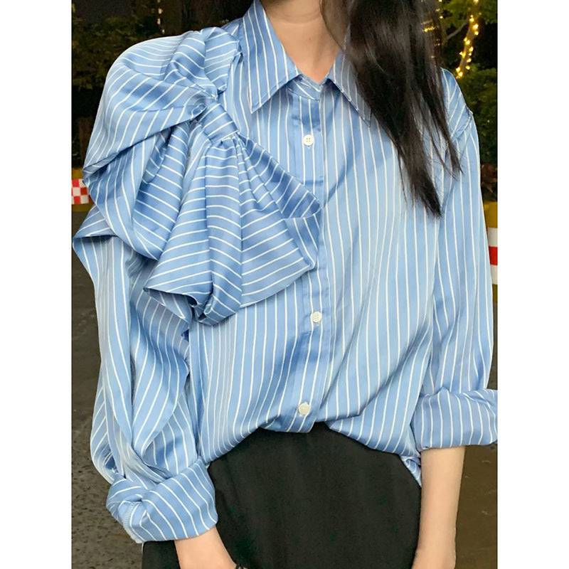 Casual Blue Striped Shirts For Women Lapel Long Sleeve Bowknot Patchwork Blouses - Xmaker