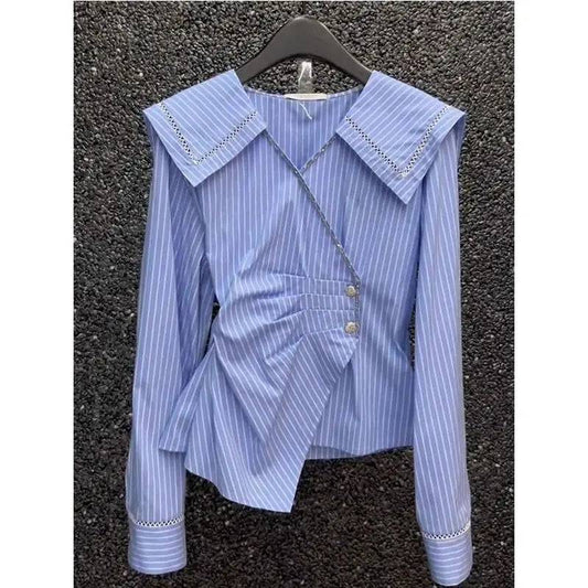 Women Blue Striped Long Sleeved Blouse - Xmaker