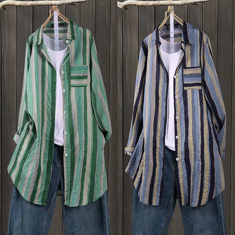 Women Autumn Stripe Lapel Neck Blouses Loose  Tops - Xmaker