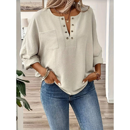 Women Stylish Plus Size Elegant Long Sleeve Pocket Blouse  Plus - Classic Solid Button Front Design, Comfortable Wear for Spring & Fall, Flattering Fit, Easy Care - Xmaker