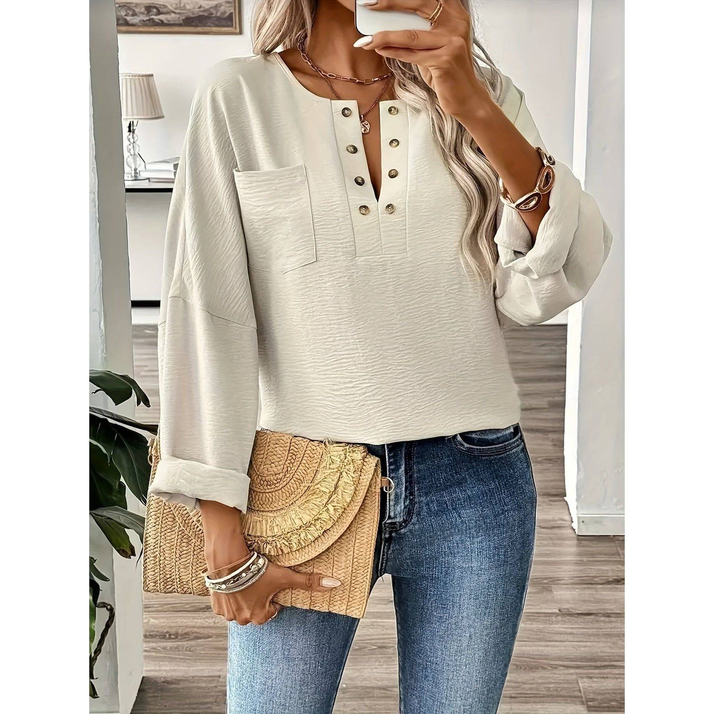 Women Stylish Plus Size Elegant Long Sleeve Pocket Blouse  Plus - Classic Solid Button Front Design, Comfortable Wear for Spring & Fall, Flattering Fit, Easy Care - Xmaker