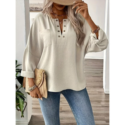 Women Stylish Plus Size Elegant Long Sleeve Pocket Blouse  Plus - Classic Solid Button Front Design, Comfortable Wear for Spring & Fall, Flattering Fit, Easy Care - Xmaker