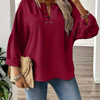 Women Stylish Plus Size Elegant Long Sleeve Pocket Blouse  Plus - Classic Solid Button Front Design, Comfortable Wear for Spring & Fall, Flattering Fit, Easy Care - Xmaker