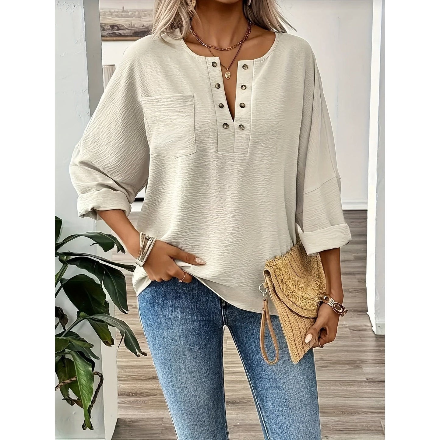 Women Stylish Plus Size Elegant Long Sleeve Pocket Blouse  Plus - Classic Solid Button Front Design, Comfortable Wear for Spring & Fall, Flattering Fit, Easy Care - Xmaker