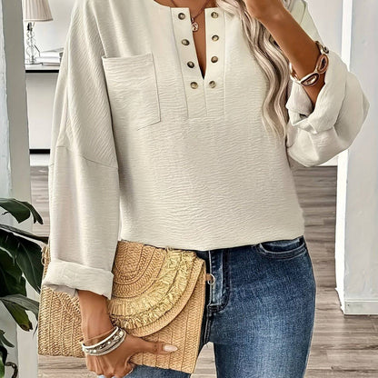 Women Stylish Plus Size Elegant Long Sleeve Pocket Blouse  Plus - Classic Solid Button Front Design, Comfortable Wear for Spring & Fall, Flattering Fit, Easy Care - Xmaker