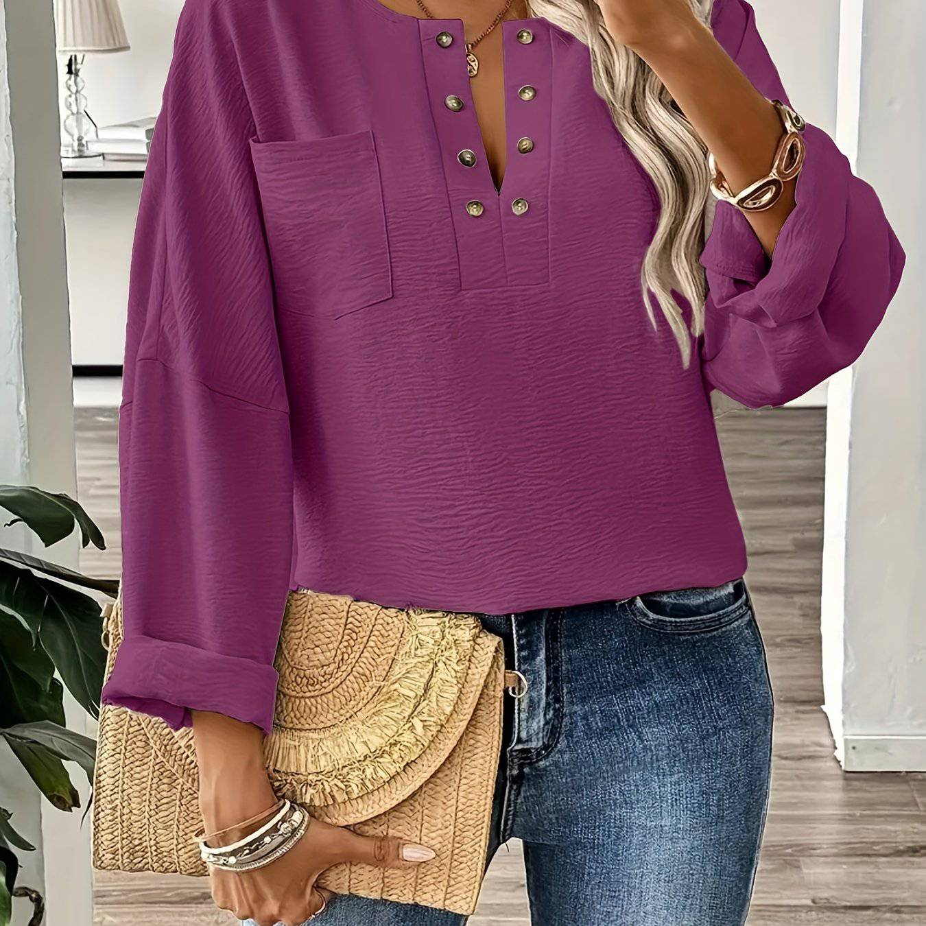 Women Stylish Plus Size Elegant Long Sleeve Pocket Blouse  Plus - Classic Solid Button Front Design, Comfortable Wear for Spring & Fall, Flattering Fit, Easy Care - Xmaker