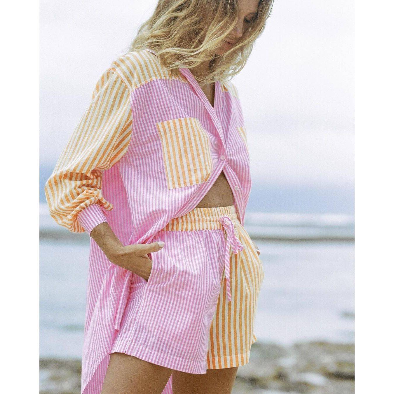 Colorblock Striped Summer Lapel Loose Blouse - Xmaker