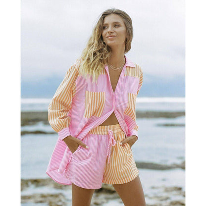 Colorblock Striped Summer Lapel Loose Blouse - Xmaker