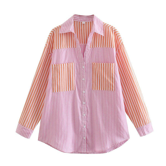 Colorblock Striped Summer Lapel Loose Blouse - Xmaker