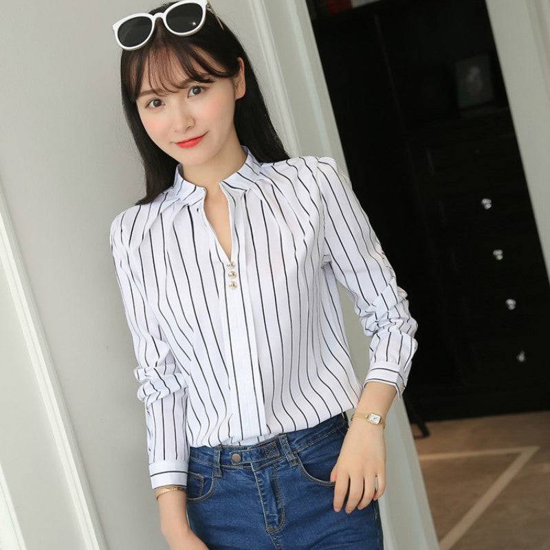 Loose striped stand collar blouse - Xmaker