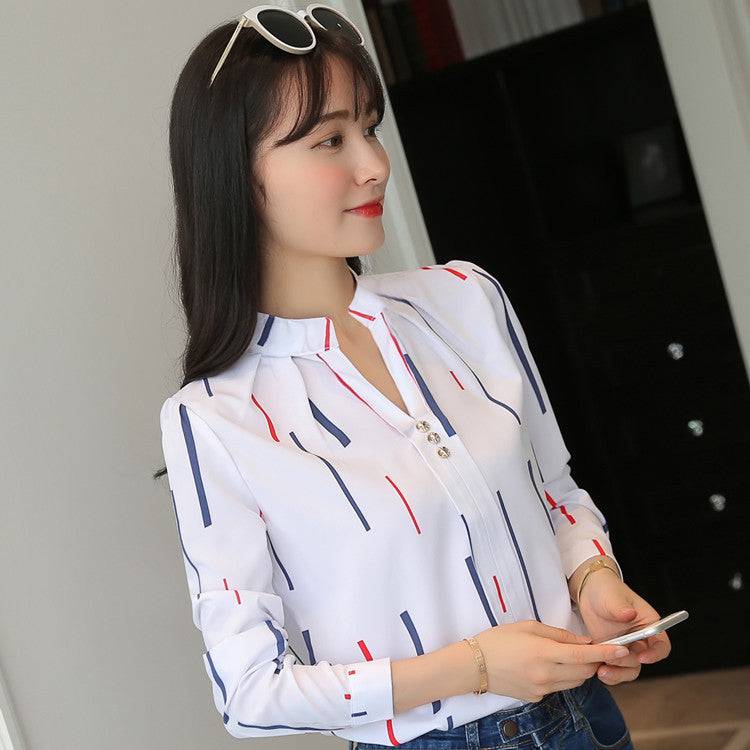 Loose striped stand collar blouse - Xmaker