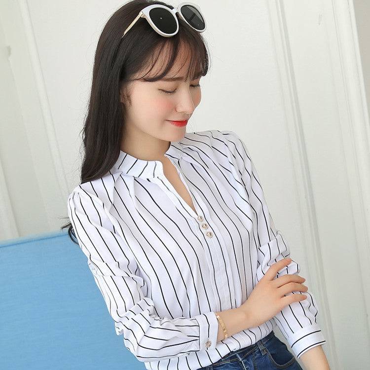 Loose striped stand collar blouse - Xmaker