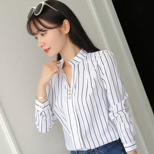 Loose striped stand collar blouse - Xmaker